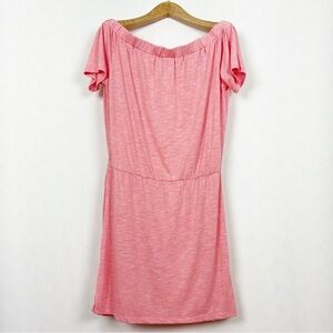 Lolë Coral Pink Short Sleeve Mini Dress Size Large Elastic Neckline Off-Shoulder